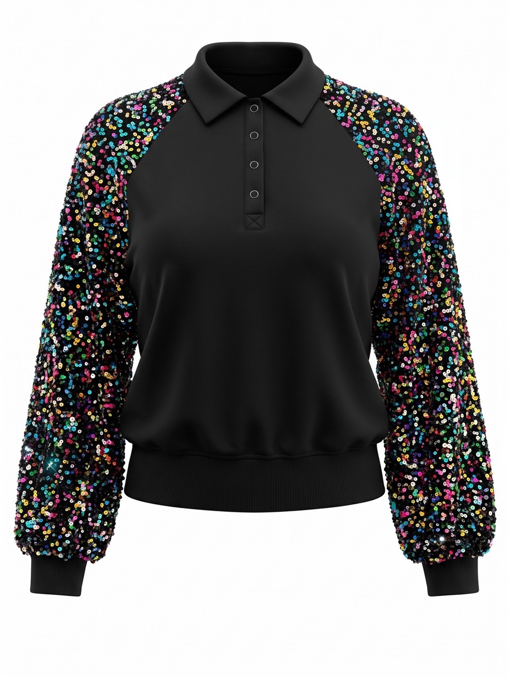 Peach Love Women’s Black Polo Sweatshirt with Multicolor Sequin Sleeves